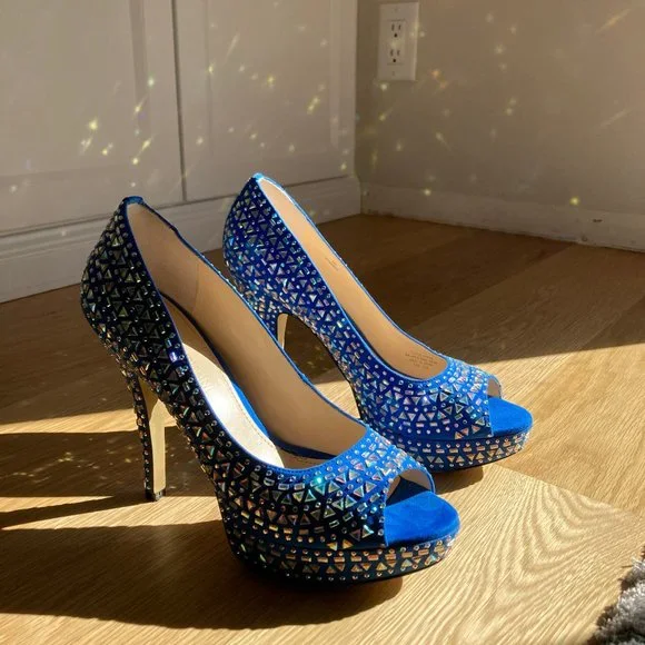ENZO ANGIOLINI size 8 blue fun embellished platform peep toe heel - Picture 2 of 11